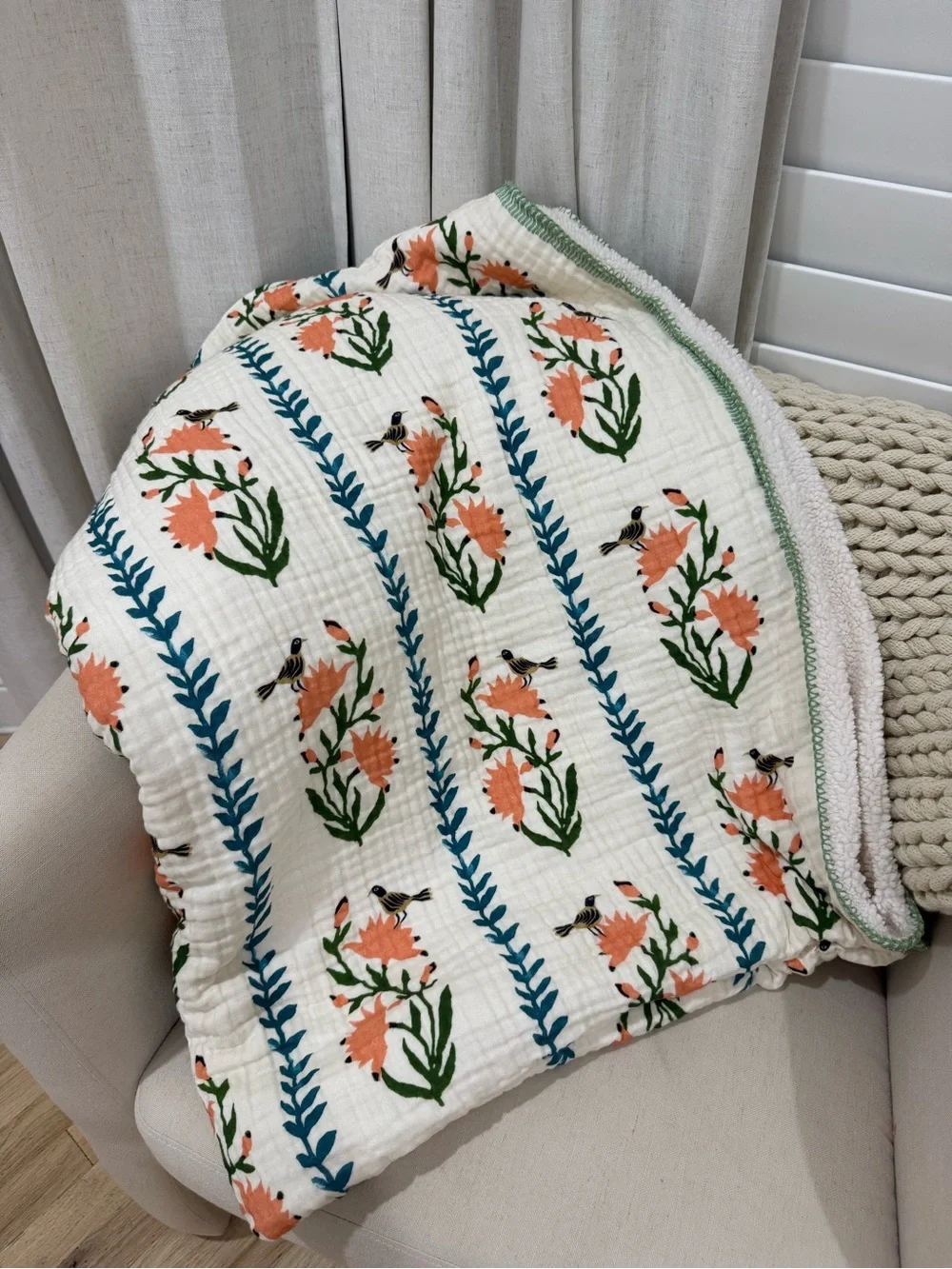 Anthropologie Gauze Cotton Sherpa Floral Printed Throw Blanket